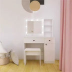 Set Toeletta Trucco in Legno, Tavolo da Trucco con Specchio e 8 Lampadine LED, Ripiani Aperti, 2 Cassetti, 1 Sgabello per Trucco per Ufficio Casa Camera da Letto Bianco