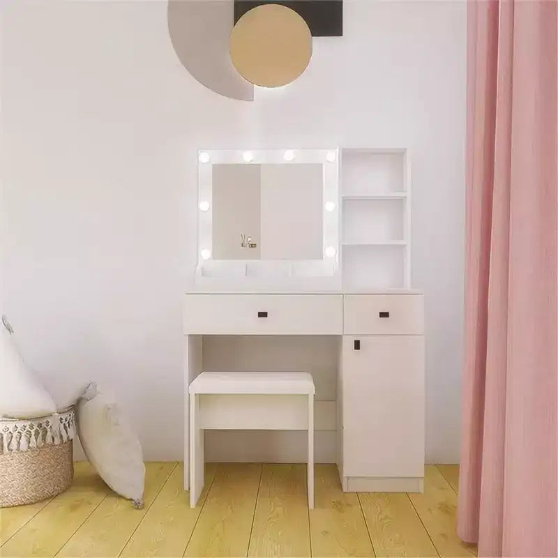 Set Toeletta Trucco in Legno, Tavolo da Trucco con Specchio e 8 Lampadine LED, Ripiani Aperti, 2 Cassetti, 1 Sgabello per Trucco per Ufficio Casa Camera da Letto Bianco
