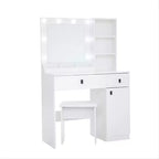 Set Toeletta Trucco in Legno, Tavolo da Trucco con Specchio e 8 Lampadine LED, Ripiani Aperti, 2 Cassetti, 1 Sgabello per Trucco per Ufficio Casa Camera da Letto Bianco