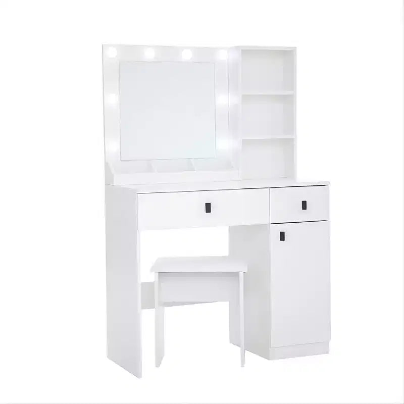 Set Toeletta Trucco in Legno, Tavolo da Trucco con Specchio e 8 Lampadine LED, Ripiani Aperti, 2 Cassetti, 1 Sgabello per Trucco per Ufficio Casa Camera da Letto Bianco