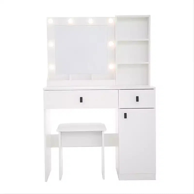 Set Toeletta Trucco in Legno, Tavolo da Trucco con Specchio e 8 Lampadine LED, Ripiani Aperti, 2 Cassetti, 1 Sgabello per Trucco per Ufficio Casa Camera da Letto Bianco