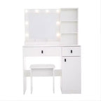 Set Toeletta Trucco in Legno, Tavolo da Trucco con Specchio e 8 Lampadine LED, Ripiani Aperti, 2 Cassetti, 1 Sgabello per Trucco per Ufficio Casa Camera da Letto Bianco