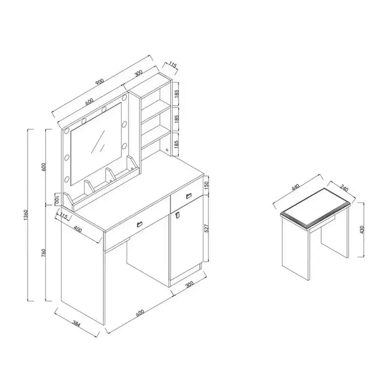 Set Toeletta Trucco in Legno, Tavolo da Trucco con Specchio e 8 Lampadine LED, Ripiani Aperti, 2 Cassetti, 1 Sgabello per Trucco per Ufficio Casa Camera da Letto Bianco
