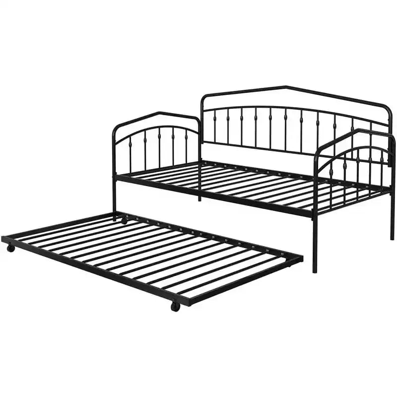Letto a giorno matrimoniale con letto estraibile singolo, Robusto telaio in metallo, Letto a giorno con struttura letto estraibile, Base materasso con supporto a doghe in metallo