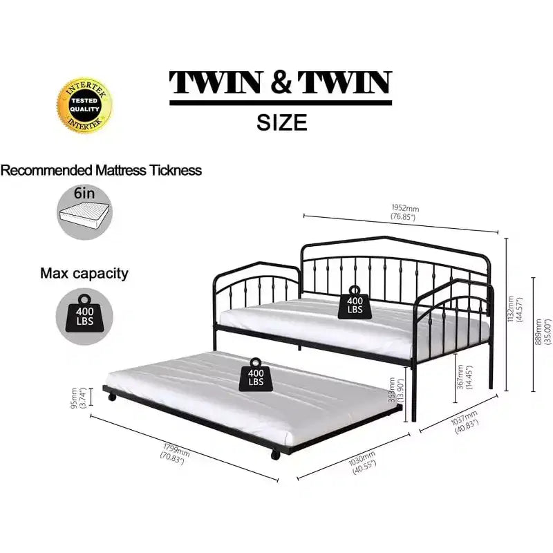 Twin Day Bed with Trundle Bed Twin, Sturdy Metal Frame, Daybed with Trundle Bed Frame, Mattress Foundation with Metal Slats Support