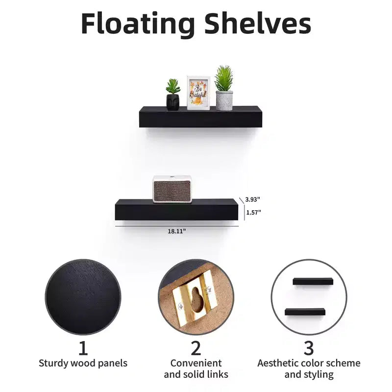 18.11 Black Floating Shelf C invisible-bracket wood wall mount, perfect bathroom/bedroom/kitchen dcor or book/plant display, easy install.