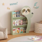 Sloth Kids Bookshelf, Front-Facing Toddler Book Display Rack with 3 Tiers, Cute Animal Design, Wooden Nursery Bookshelf for Playroom
