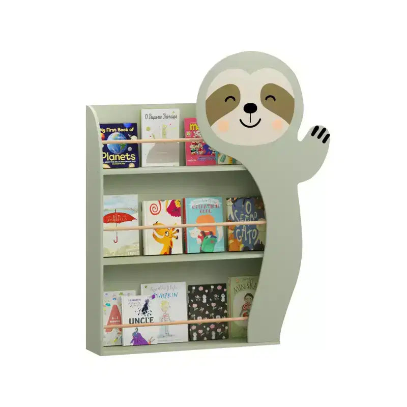 Sloth Kids Bookshelf, Front-Facing Toddler Book Display Rack with 3 Tiers, Cute Animal Design, Wooden Nursery Bookshelf for Playroom