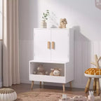 Mobile Contenitore per Giocattoli per Bambini con Ante e Ripiano Aperto, Organizer Moderno in Legno Bianco con Gambe in Legno Naturale, Libreria per Bambini per Sala Giochi