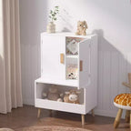 Mobile Contenitore per Giocattoli per Bambini con Ante e Ripiano Aperto, Organizer Moderno in Legno Bianco con Gambe in Legno Naturale, Libreria per Bambini per Sala Giochi
