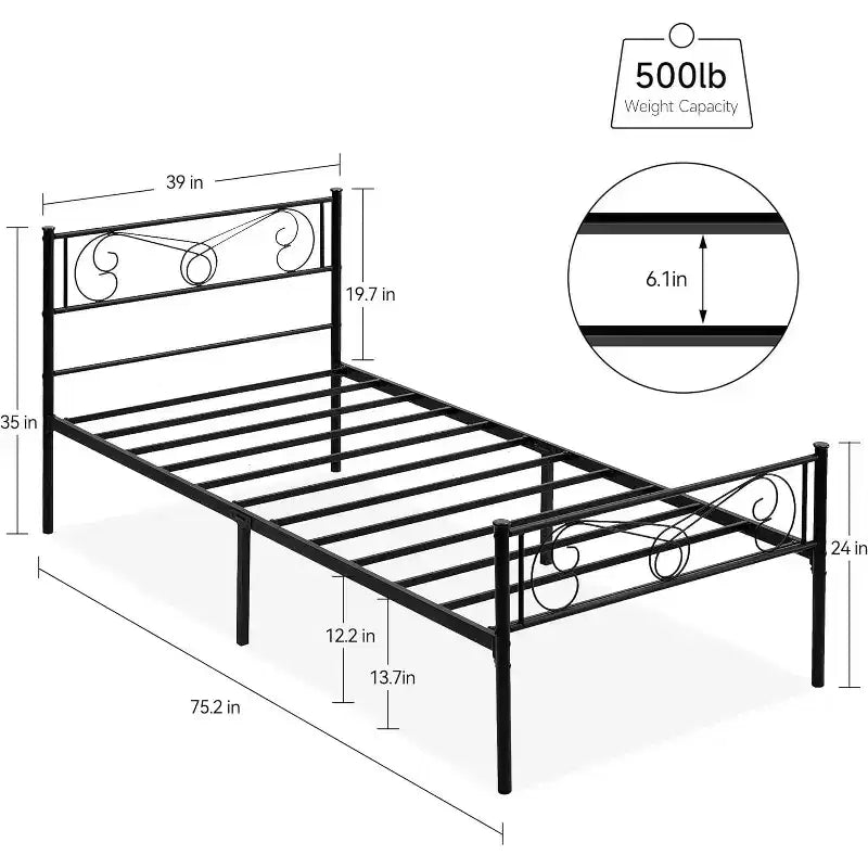 Letti a castello per bambini, Struttura letto a piattaforma in metallo con testiera e pediera, Supporto a doghe per letto resistente, Non richiede box spring, Silenzioso, Nero