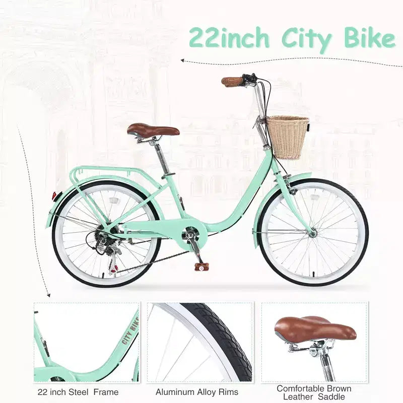 Bici da Strada da 22, Bici da Città Cruiser in Acciaio da 13, 7 Velocità con Doppio Freno e Cestino, Bici da Pendolare per Uomini e Donne per Ciclismo all'Aperto