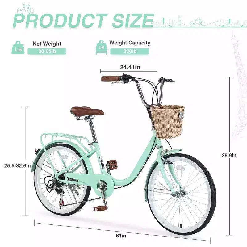 Bici da Strada da 22, Bici da Città Cruiser in Acciaio da 13, 7 Velocità con Doppio Freno e Cestino, Bici da Pendolare per Uomini e Donne per Ciclismo all'Aperto