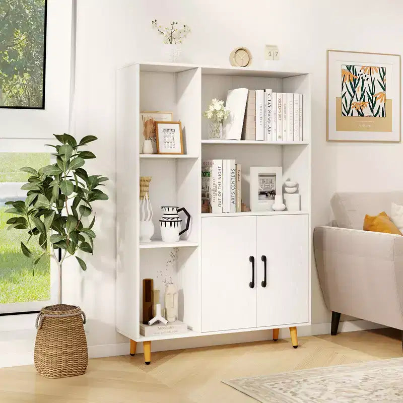 Costway Free Standing Storage Cabinet with 5 Open Shelves Double Door Cabinet Metal Legs Black/White