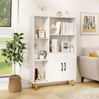 Costway Free Standing Storage Cabinet with 5 Open Shelves Double Door Cabinet Metal Legs Black/White