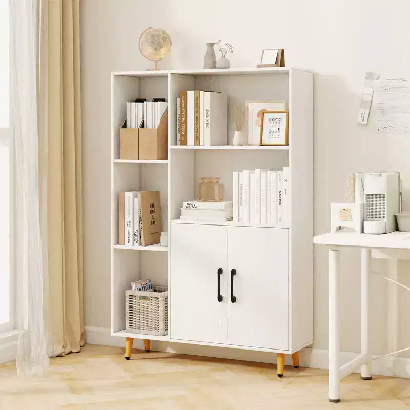 Costway Free Standing Storage Cabinet with 5 Open Shelves Double Door Cabinet Metal Legs Black/White