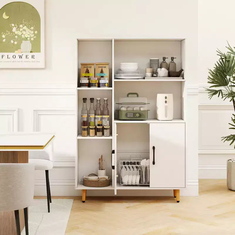 Costway Free Standing Storage Cabinet with 5 Open Shelves Double Door Cabinet Metal Legs Black/White