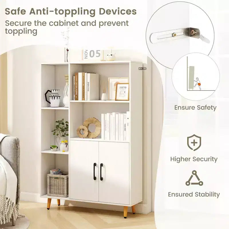 Costway Free Standing Storage Cabinet with 5 Open Shelves Double Door Cabinet Metal Legs Black/White