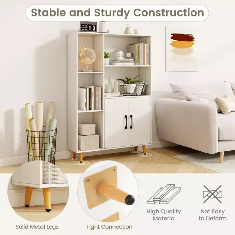 Costway Free Standing Storage Cabinet with 5 Open Shelves Double Door Cabinet Metal Legs Black/White