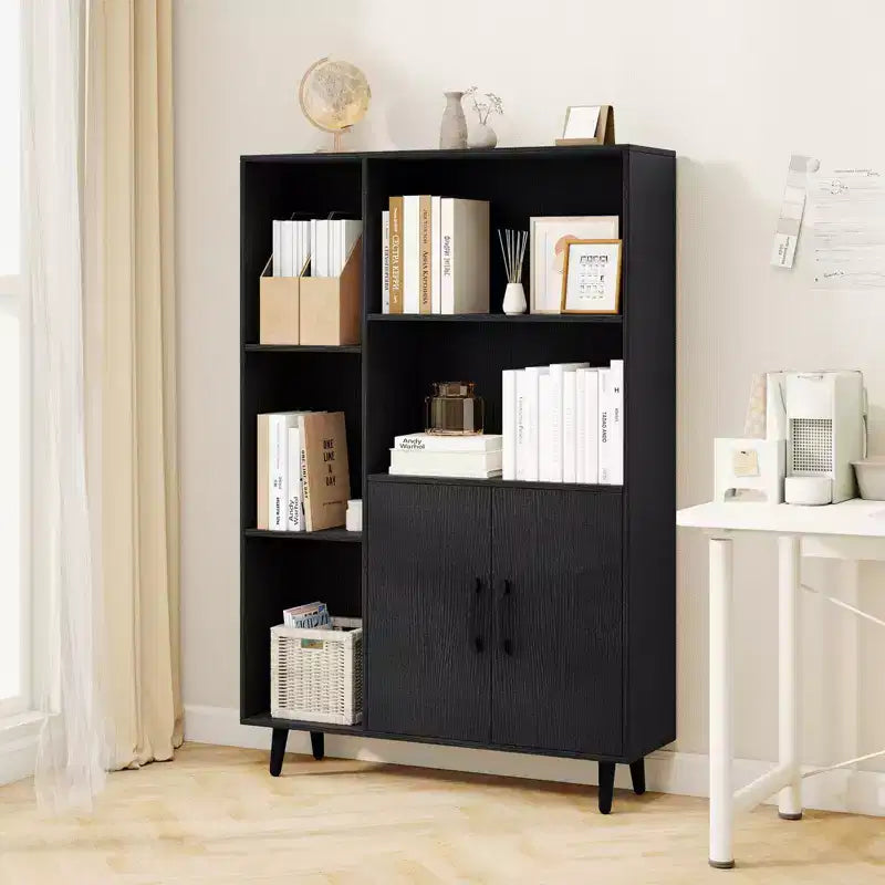 Costway Free Standing Storage Cabinet with 5 Open Shelves Double Door Cabinet Metal Legs Black/White