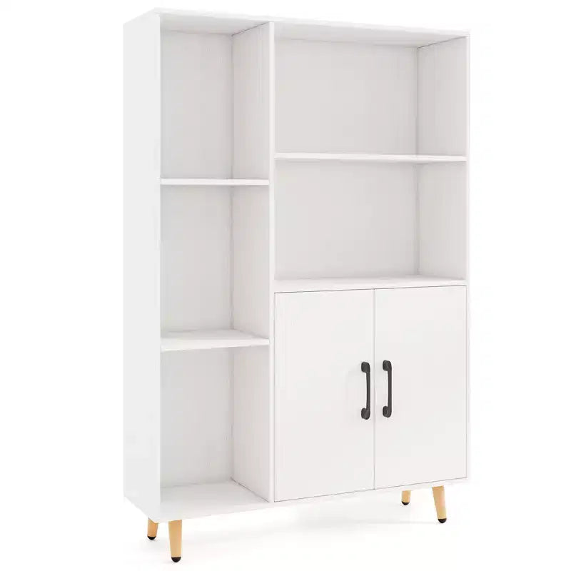 Costway Free Standing Storage Cabinet with 5 Open Shelves Double Door Cabinet Metal Legs Black/White