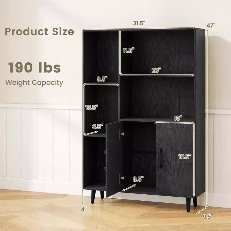 Costway Free Standing Storage Cabinet with 5 Open Shelves Double Door Cabinet Metal Legs Black/White