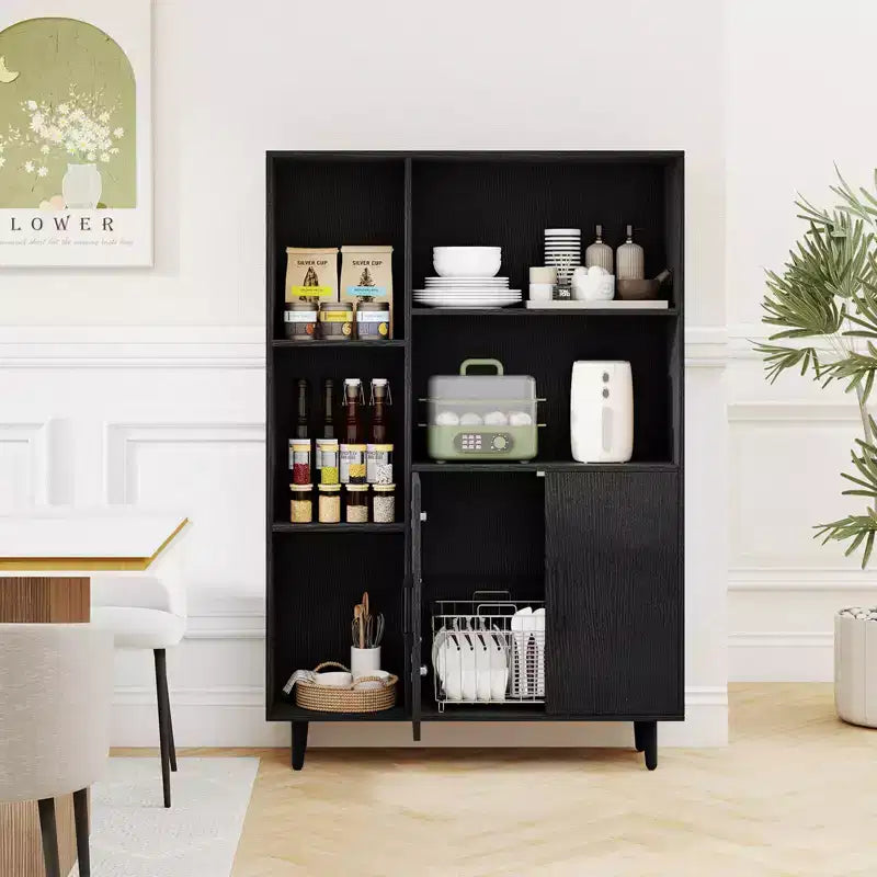 Costway Free Standing Storage Cabinet with 5 Open Shelves Double Door Cabinet Metal Legs Black/White
