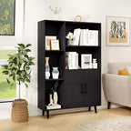Costway Free Standing Storage Cabinet with 5 Open Shelves Double Door Cabinet Metal Legs Black/White