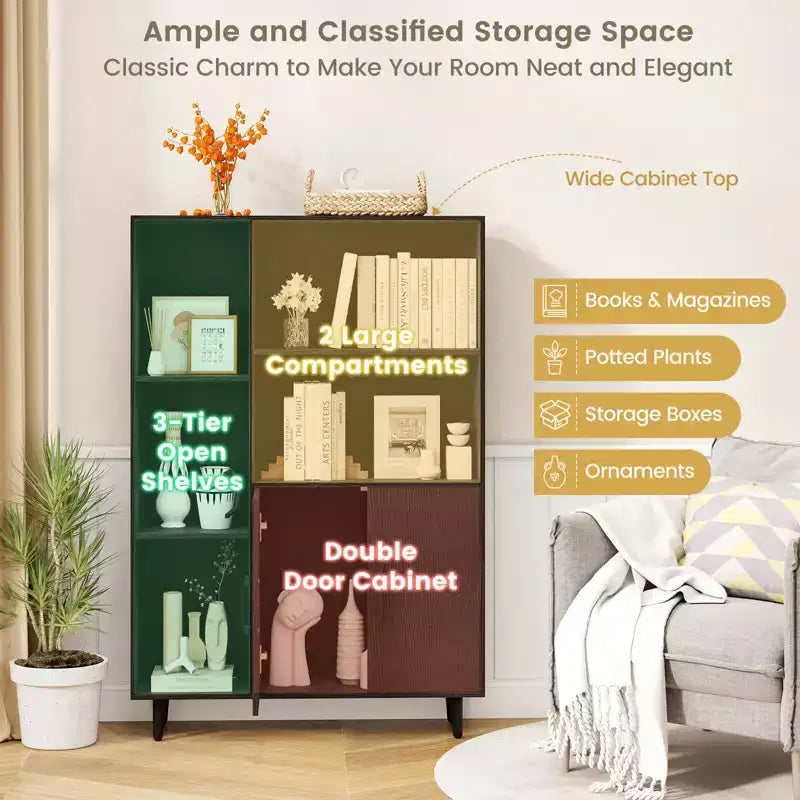 Costway Free Standing Storage Cabinet with 5 Open Shelves Double Door Cabinet Metal Legs Black/White