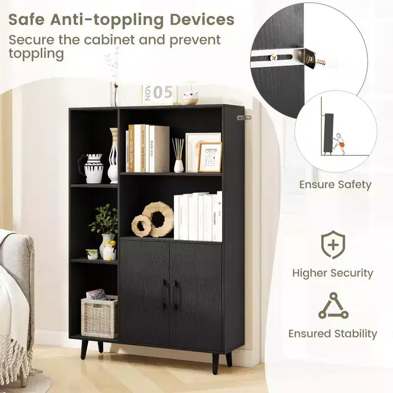 Costway Free Standing Storage Cabinet with 5 Open Shelves Double Door Cabinet Metal Legs Black/White