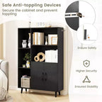 Costway Free Standing Storage Cabinet with 5 Open Shelves Double Door Cabinet Metal Legs Black/White