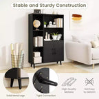 Costway Free Standing Storage Cabinet with 5 Open Shelves Double Door Cabinet Metal Legs Black/White