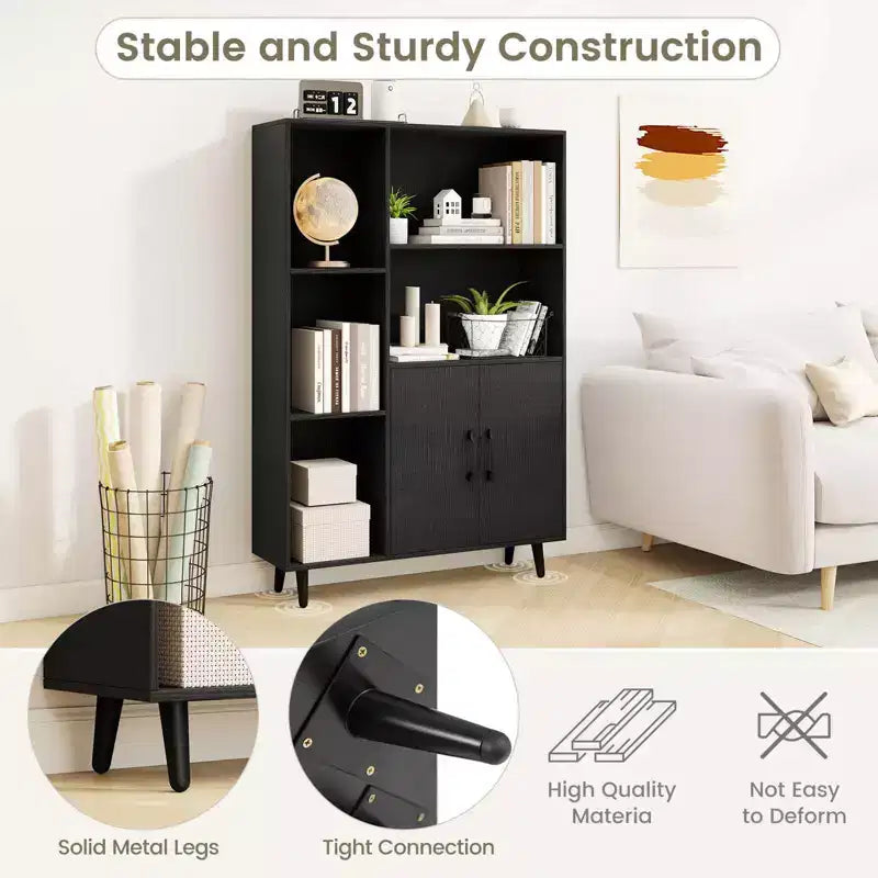 Costway Free Standing Storage Cabinet with 5 Open Shelves Double Door Cabinet Metal Legs Black/White