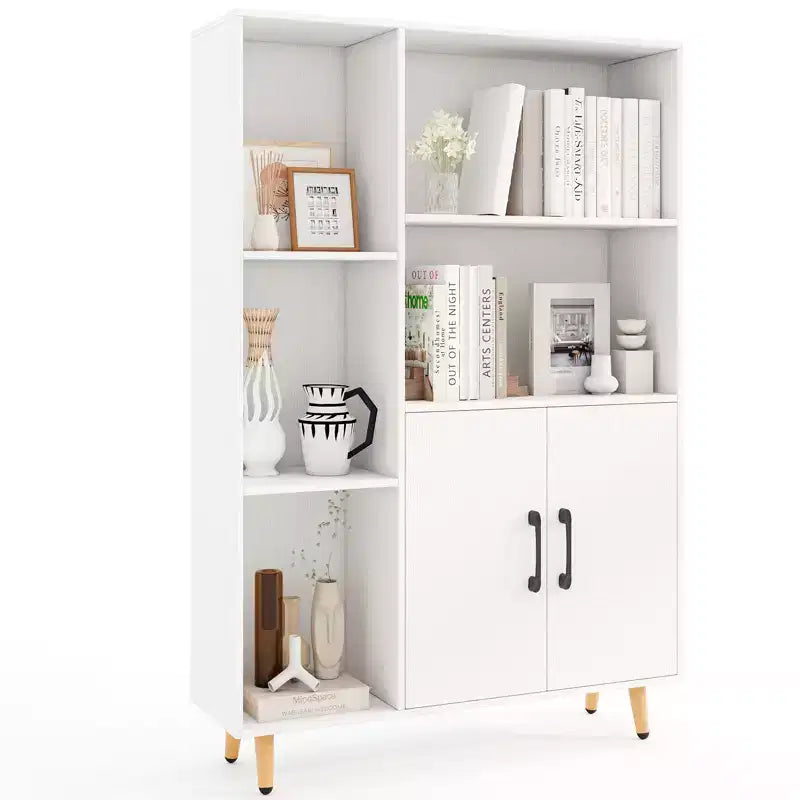 Costway Free Standing Storage Cabinet with 5 Open Shelves Double Door Cabinet Metal Legs Black/White