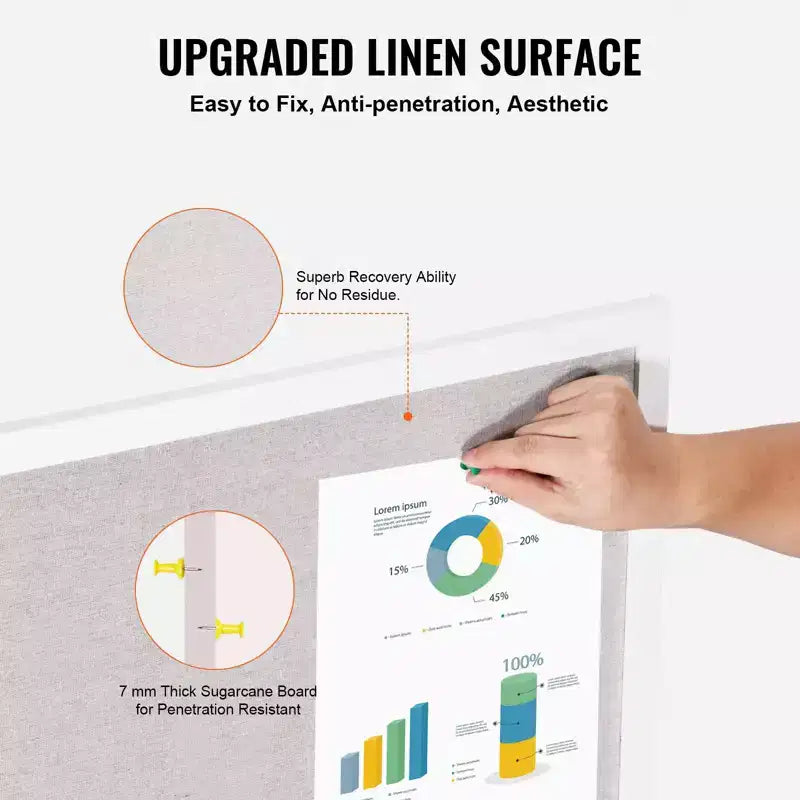 30 x 20 in Linen Cork Bulletin Board with White MDF Frame for Home Office School