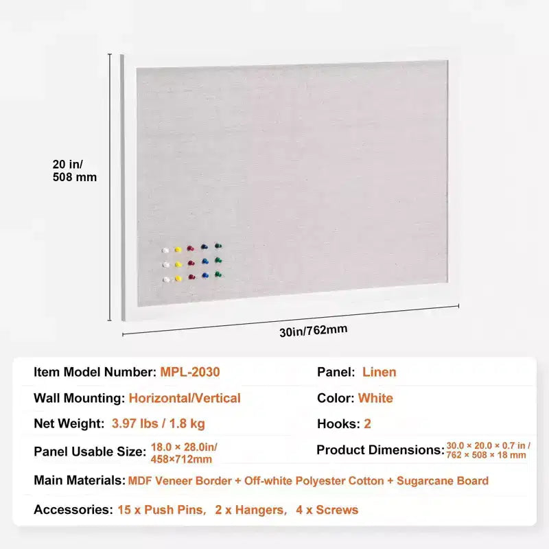 30 x 20 in Linen Cork Bulletin Board with White MDF Frame for Home Office School
