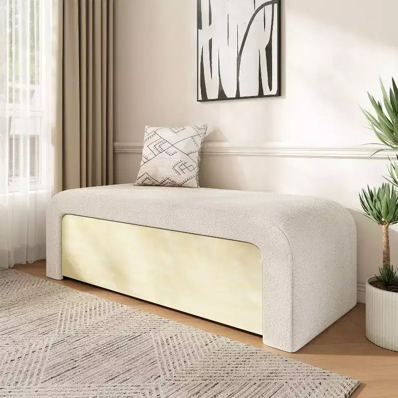 Panca ottomana curva elegante TUYOHW con cassetto, panca contenitore bouclé imbottita per fondo letto per camera da letto e soggiorno, capacità 136 kg, marrone chiaro/bianco