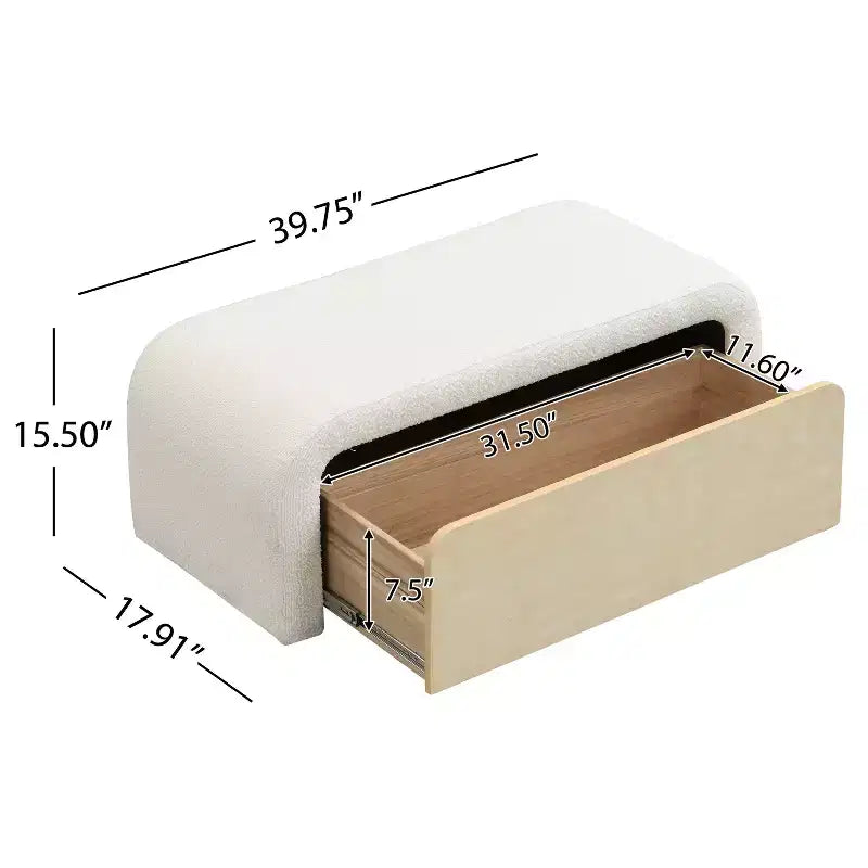 Panca ottomana curva elegante TUYOHW con cassetto, panca contenitore bouclé imbottita per fondo letto per camera da letto e soggiorno, capacità 136 kg, marrone chiaro/bianco