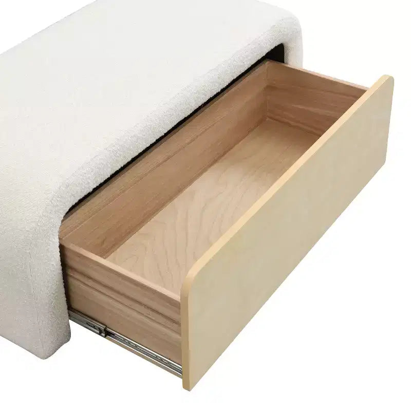 Panca ottomana curva elegante TUYOHW con cassetto, panca contenitore bouclé imbottita per fondo letto per camera da letto e soggiorno, capacità 136 kg, marrone chiaro/bianco