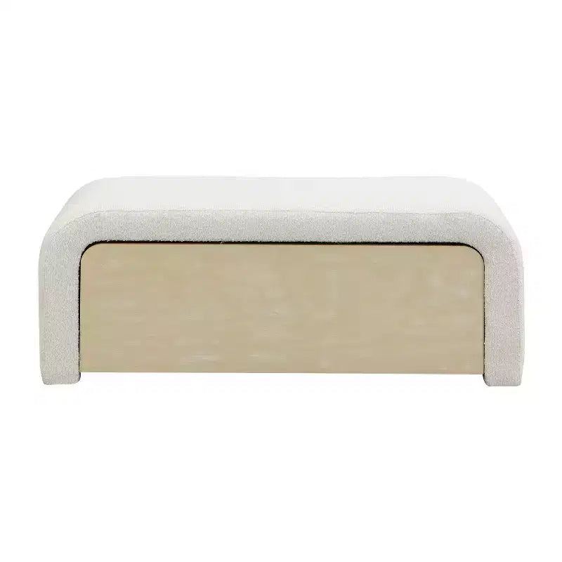 Panca ottomana curva elegante TUYOHW con cassetto, panca contenitore bouclé imbottita per fondo letto per camera da letto e soggiorno, capacità 136 kg, marrone chiaro/bianco