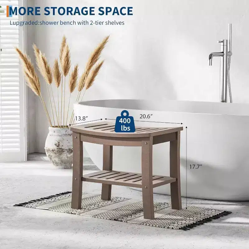 Shower Bench, 20.6 Inch HDPE Waterproof Shower Stool, 400Lbs Bathroom Chair with Storage Shelf, Non-Slip Surface Bathroom Chair for Elderly Seniors