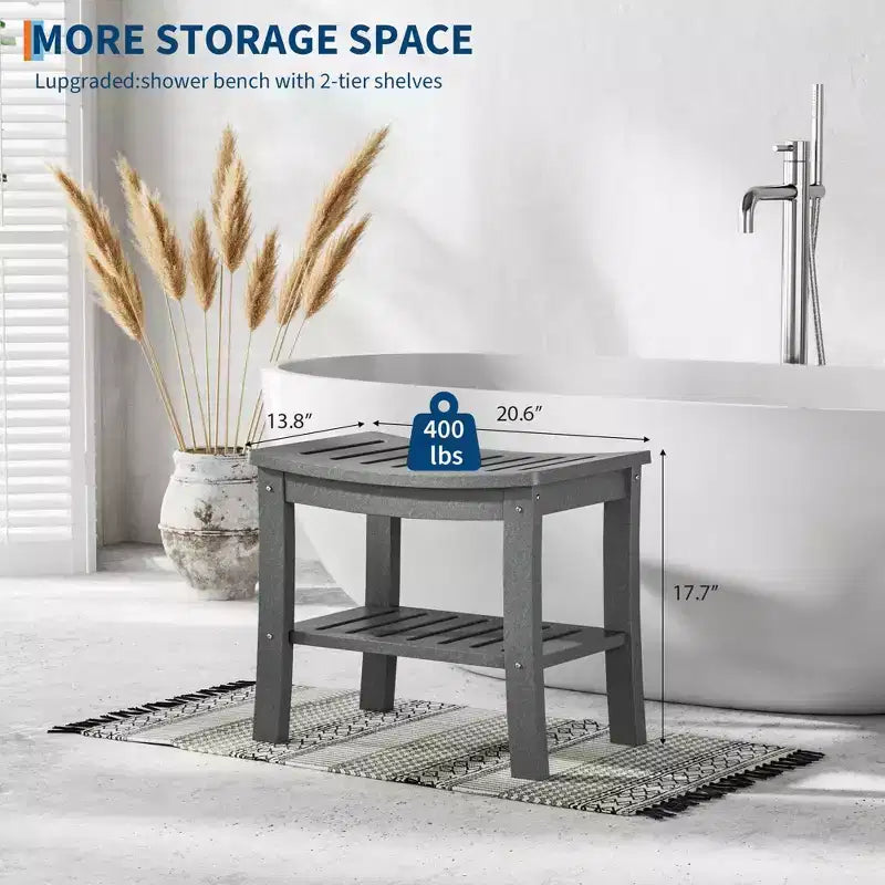 Shower Bench, 20.6 Inch HDPE Waterproof Shower Stool, 400Lbs Bathroom Chair with Storage Shelf, Non-Slip Surface Bathroom Chair for Elderly Seniors