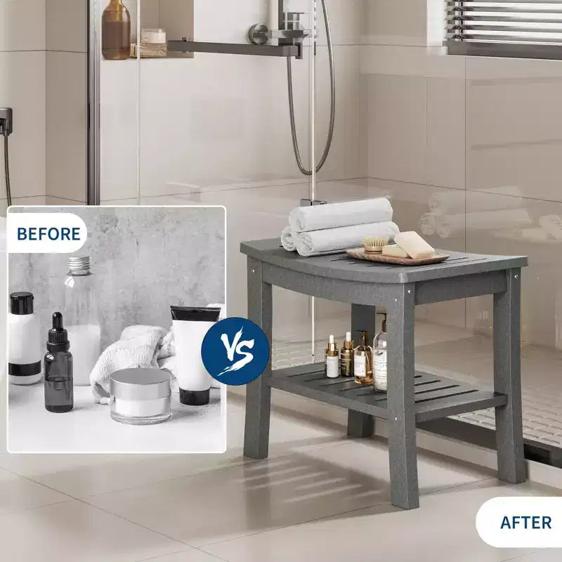 Shower Bench, 20.6 Inch HDPE Waterproof Shower Stool, 400Lbs Bathroom Chair with Storage Shelf, Non-Slip Surface Bathroom Chair for Elderly Seniors