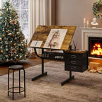 JVNOXKAdjustable-height drafting table suitable for crafts, reading, and writing, complete with stool and 3 storage drawers. Black.