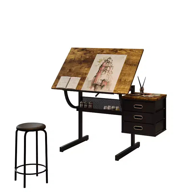 Tavolo da disegno JVNOXK regolabile in altezza, adatto per lavori artigianali, lettura e scrittura, completo di sgabello e 3 cassetti. Colore nero.