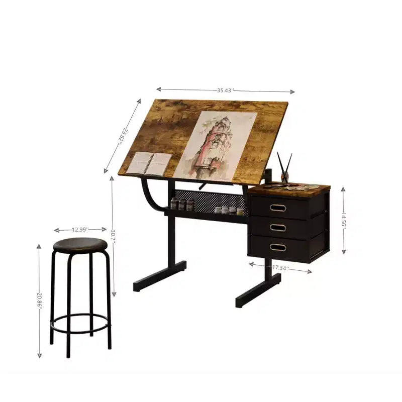 Tavolo da disegno JVNOXK regolabile in altezza, adatto per lavori artigianali, lettura e scrittura, completo di sgabello e 3 cassetti. Colore nero.