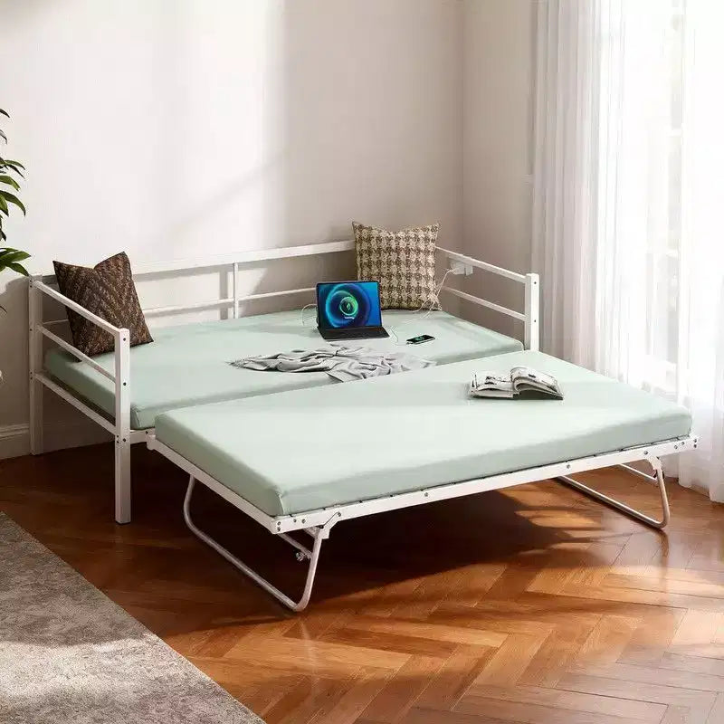 Karl Home Twin Size Heavy Duty Metal Day Daybed With Pop Up Trundle, No Box Spring Needed,White