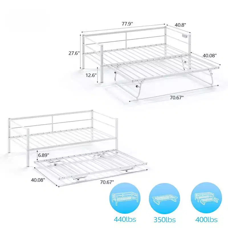 Karl Home Twin Size Heavy Duty Metal Day Daybed With Pop Up Trundle, No Box Spring Needed,White