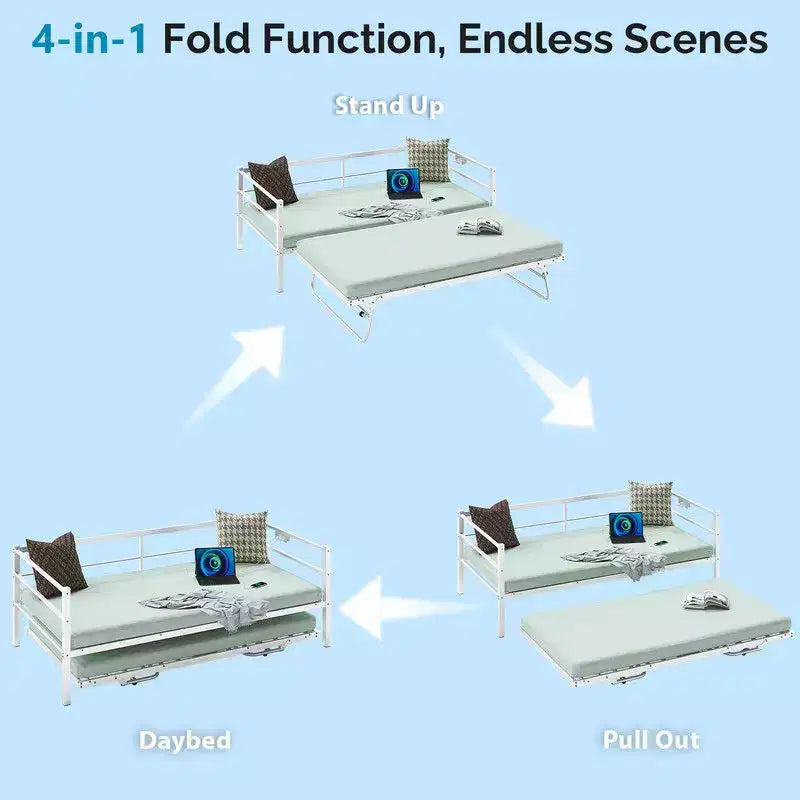 Karl Home Twin Size Heavy Duty Metal Day Daybed With Pop Up Trundle, No Box Spring Needed,White