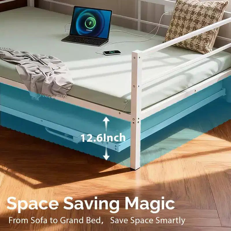 Karl Home Twin Size Heavy Duty Metal Day Daybed With Pop Up Trundle, No Box Spring Needed,White